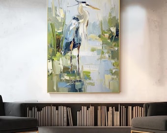 Dipinto ad olio su tela raffigurante un airone - Arte murale astratta con uccelli testurizzati, opera d'arte realizzata a mano con spatola per un arredamento ispirato alla natura.