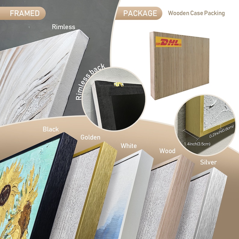 Pu&ograve; includere: Immagine che mostra opere d'arte incorniciate con vari stili di cornice: nero, oro, bianco, legno e argento. L'immagine evidenzia il retro senza bordo e l'imballaggio in cassa di legno. Le dimensioni della cornice sono 3,5 cm di larghezza e 0,6 cm di spessore.