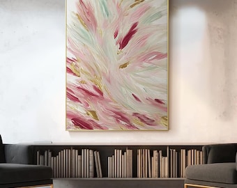 Blush Pink Abstract Oil Painting, Modern Textured Wall Art, Large Contemporary Canvas Artwork, Luxury Feminine Decor for Living Room Bedroom