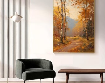 Dipinto di cervi su sentiero nel bosco autunnale / Arte murale con paesaggio autunnale / Tela naturalistica / Opera d'arte con paesaggio boschivo / Arredamento rustico per la casa