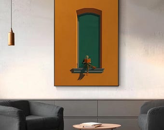 Minimalist Reading Figure Window Oil Painting Modern Abstract Orange Green Canvas Book Lover Decor