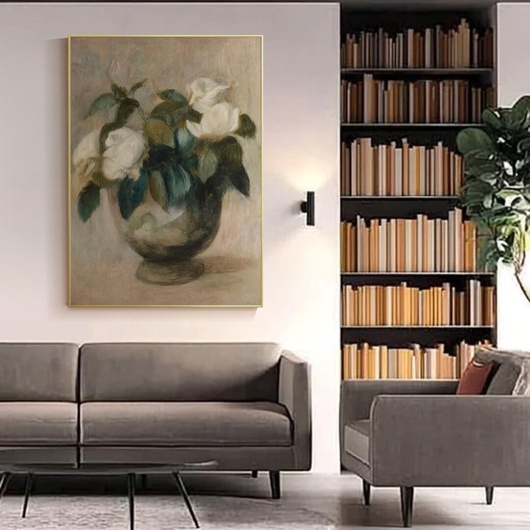 Hand Painted White Flower Oil Painting Vintage Floral Still Life Canvas ...
