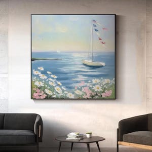 Puede incluir: Pintura al óleo de un paisaje marino con un velero y flores. La obra representa un velero blanco con banderas en el mástil, navegando sobre agua azul. Flores blancas y rosas en primer plano.