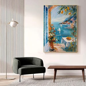 Gran pintura al óleo de paisaje marino italiano, arte original texturizado de la costa de Amalfi sobre lienzo, vista de un balcón mediterráneo con limones, arte mural costero.
