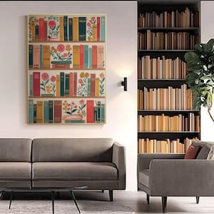 Large Bookshelf Painting, Dark Academia Wall Art, Vintage Bookcase with Flowers, Original Library Decor, Hand-Painted Art, Book Lover Gift