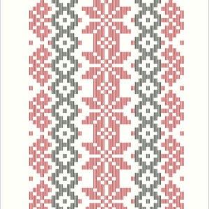 May include: A rectangular textile pattern featuring a white background with a repeating vertical design of red and black geometric floral motifs. The pattern includes a horizontal border at the top and bottom composed of small red and black lines.