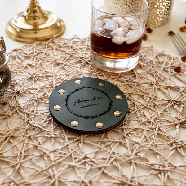 Leather Coaster with Wooden stand, Custom leather coaster with engraving, personalized drink coaster, round coaster, pub coaster
