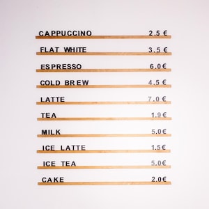 Cardápio de parede de restaurante, quadro de letras de madeira para café