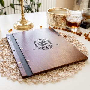 Wooden menu folder with curved shape for A4 or US Letter paper
