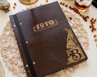 Wooden menu folder with pre-installed sheet protectors for A4 or American Letter paper