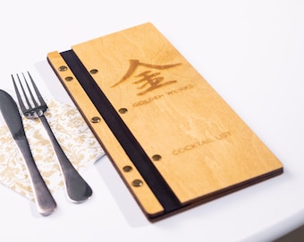 Slim wooden menu folder with leather hinge