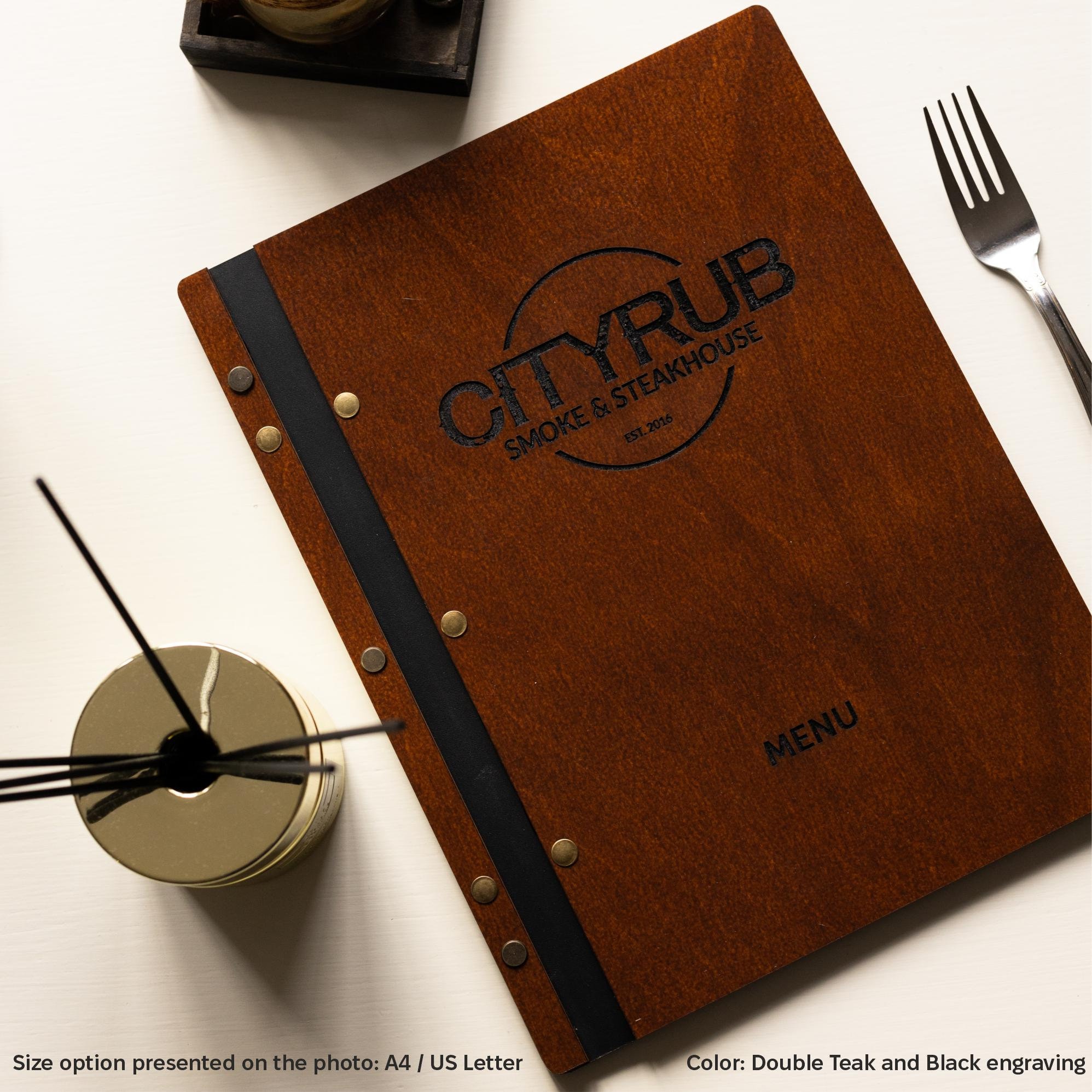 Wooden menu folder with leather hinge with free engraved logo