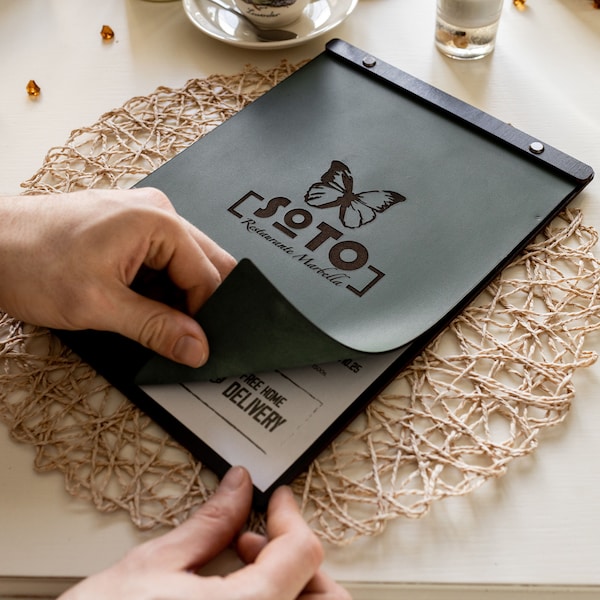 Porte-menu en bois A4 avec revêtement en cuir, porte-menu personnalisé, menu de restaurant avec gravure, couvre-menu personnalisé
