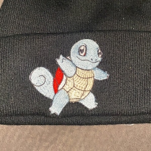 embroidered anime squirtle beanie, Pokemon-inspired winter cap, adjustable knit cuffed beanie