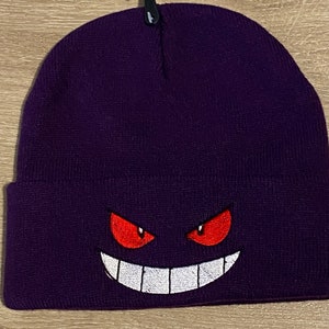 anime embroidered  Gengar beanie, pokemon-inspired winter cap, adjustable knit cuffed beanie