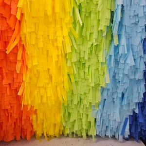 May include: A vibrant display of colorful paper streamers in a rainbow arrangement. The streamers are arranged vertically, with sections of orange, yellow, green, blue, and purple. The texture is dense and creates a visually striking backdrop.