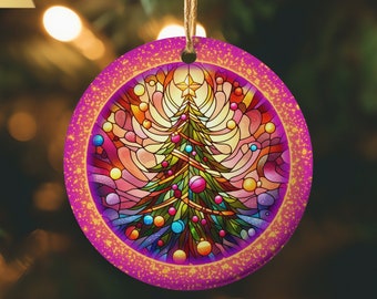 Stained Glass Style Christmas Tree Ornament | Faux Stained Glass Christmas Tree | Unique Christmas Decoration | Cool Pink and Gold Ornament