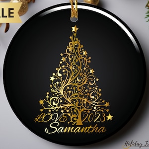 Ouro falso e ornamento preto da árvore de Natal com data personalizada | Enfeite de Natal 2023 | Decoração de Natal personalizada | Presente de Natal elegante