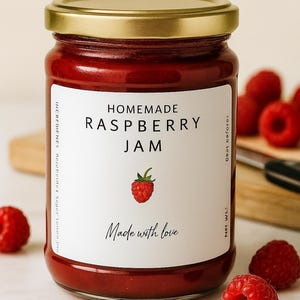 May include: A jar of homemade raspberry jam with a gold lid and a white label. The label reads "Homemade Raspberry Jam" with a raspberry illustration and "Made with love." Fresh raspberries are scattered around the jar.