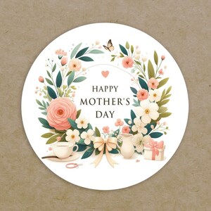 Happy Mother&#39;s Day Circle Labels Printed Personalised Round Leaves Flowers Wreath Stickers