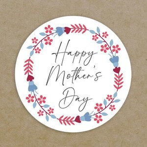 Happy Mother&#39;s Day Circle Labels Printed Personalised Round Leaves Flowers Wreath Stickers