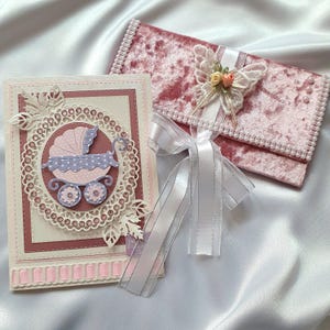 Grazioso set per neonata Regalo delicato per una neonata, Biglietto per neonati con passeggino Busta in morbido velluto rosa Grazioso regalo in contanti Set elegante
