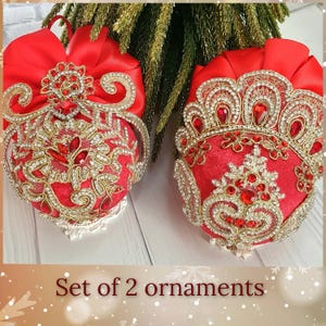 Designer Red Set of 2 Balls Handmade Balls Exclusive Christmas Present Velvet Xmas Ornament Handcrafted Ornamental Baubles Original Gift