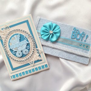 Grazioso set per neonato, regalo delicato per un neonato, biglietto per neonati con busta in morbido velluto blu per passeggino, grazioso regalo in contanti, elegante biglietto