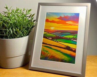 May include: A framed landscape painting of a sunset over rolling hills with a green field in the foreground. The painting is in a silver frame and is sitting on a wooden table next to a green desk lamp.