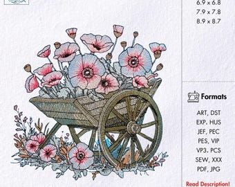 Poppy Wheelbarrow Machine Embroidery Design Floral Garden Embroidery Pattern Wooden Wheelbarrow with Wildflowers Embroidery Instant Download