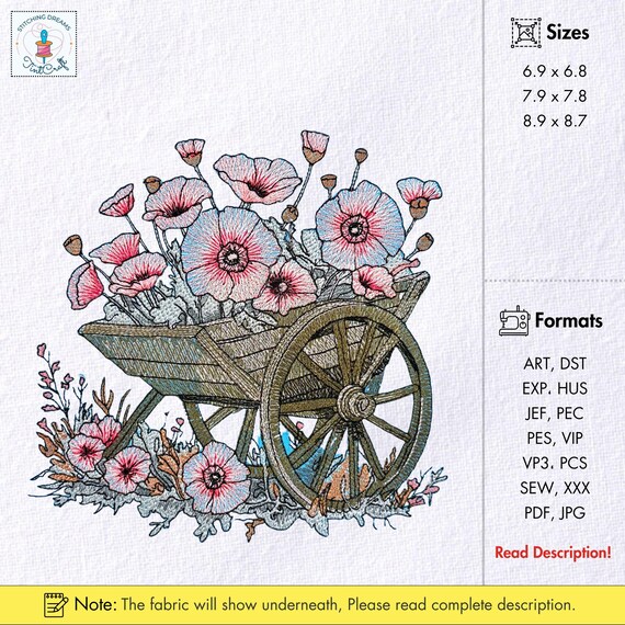 Poppy Wheelbarrow Machine Embroidery Design Floral Garden