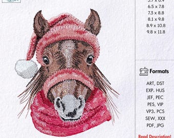 Christmas Horse with Santa Hat Embroidery Design Holiday Horse Embroidery Pattern Winter Animal Machine Embroidery Festive Equine Horse File
