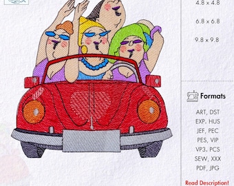 Diseño de bordado de amigas en coche. Archivo de bordado a máquina de señoras mayores divertidas. Bordado de amigas para siempre. Bordado de señoras mayores divertidas.