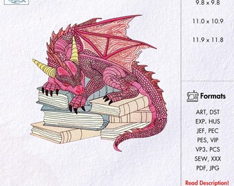 Schlafender Drache auf Büchern, Stickdatei, Pink Dragon, Buchliebhaber, Stickerei, Fantasy, Lesedrache, Stickerei, Drache, Bücherstapel Design