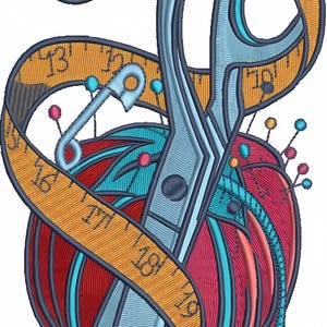May include: A colourful illustration of sewing supplies, including a pair of scissors, a ball of yarn, a measuring tape, and safety pins. The illustration is done in a vintage style with a textured look.