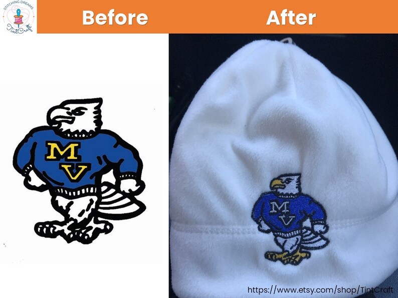 May include: White fleece beanie with an embroidered blue and yellow eagle wearing a blue sweater with the letters "MV" on it.