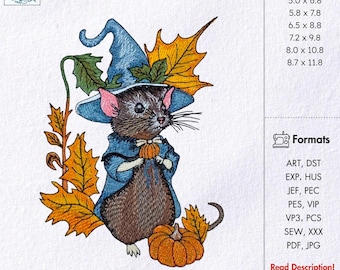 Halloween Witch Mouse Embroidery Design Whimsical Fall Woodland Animal Pattern