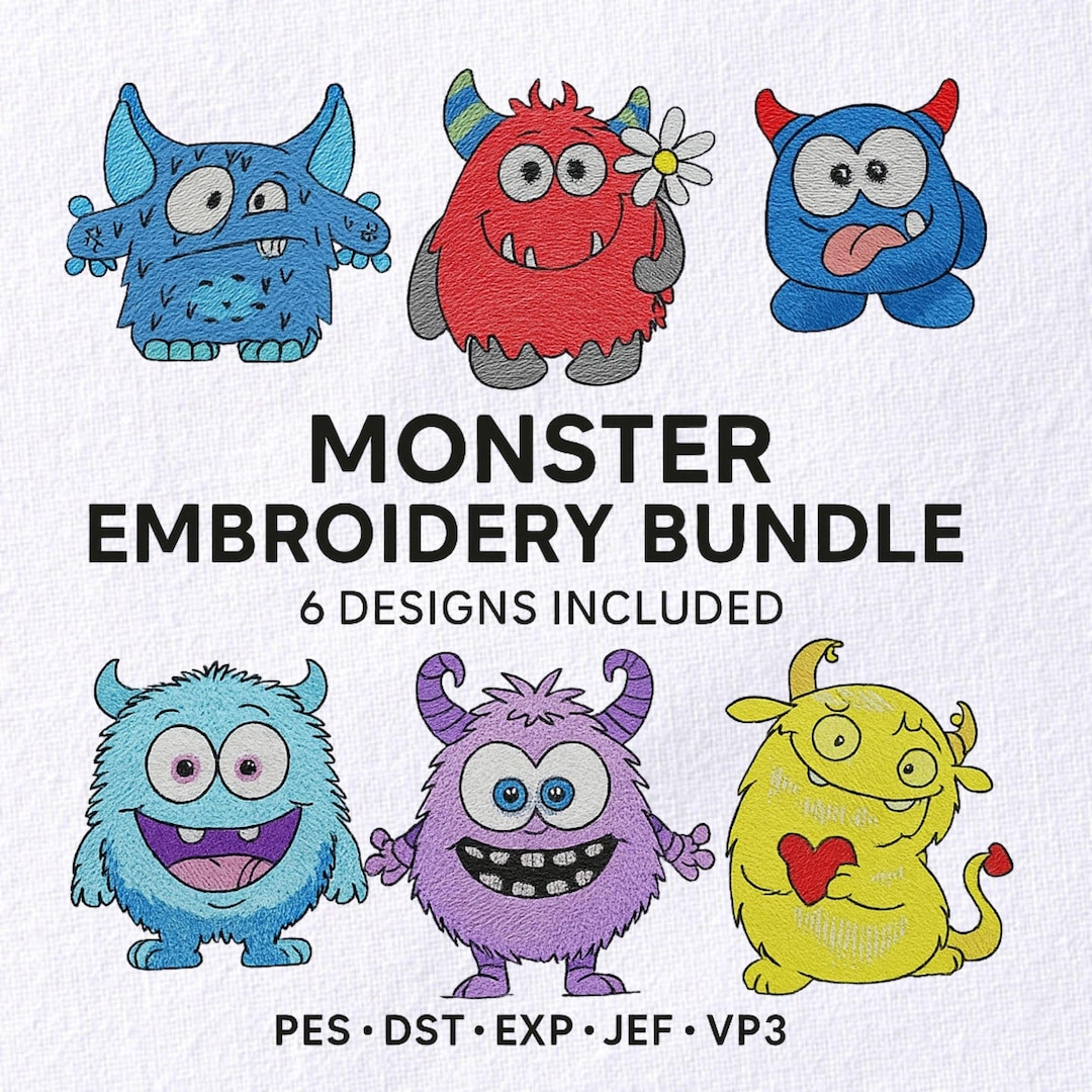 Monster Embroidery Pattern Monsters Embroidery Designs Pack of 6 Happy Monsters Machine Embroidery ...
