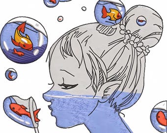 Girl Making Fish Bubbles Embroidery Design Fish Embroidery Girl Embroidery Design Girl Making Fish Bubbles DST PES File Digital Embroidery
