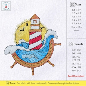 Lighthouse and Ship Wheel Embroidery Design Nautical Lighthouse Machine Embroidery Maritime Embroidery Ocean Lighthouse in Ship Embroidery