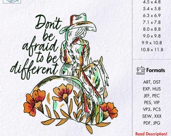 Cowgirl Embroidery Design Don't Be Afraid To Be Different Cowgirl Embroidery Western Cowgirl Embroidery Pattern Country Girl Horse Riding