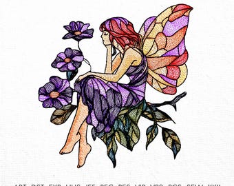 May include: A purple fairy with red hair and wings sits on a branch with purple flowers. The fairy is holding a flower in her hand and looking down. The image is a digital embroidery design.