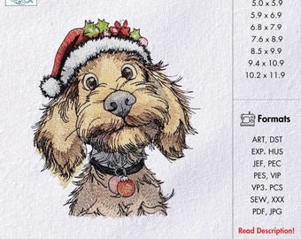 クリスマスゴールデンドゥードル刺繍デザイン サンタ犬マシン刺繍ファイル ホリデーパピー刺繍パターン 面白い犬のクリスマスファイル