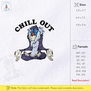 Disegno per ricamo a macchina "Chill Out Monkey", modello per ricamo "Chill Out Baboon", disegno per ricamo "Chill Out Saying", ricamo "Chill Out Safari Animal".