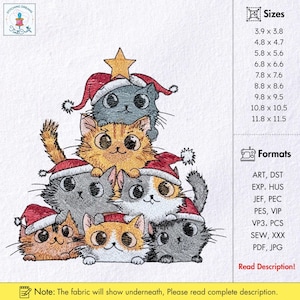 May include: An embroidered design featuring a stack of seven cartoon cats wearing Santa hats, topped with a gold star. The cats are in various colors, including gray, orange, and calico. The design is available in multiple sizes, from 3.9 x 3.8 inches to 11.8 x 11.5 inches.