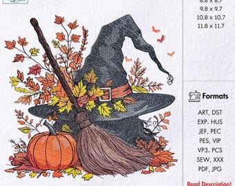 Witch Hat Embroidery Design Halloween Pumpkin And Broom Stick File Autumn Fall Leaves Pattern