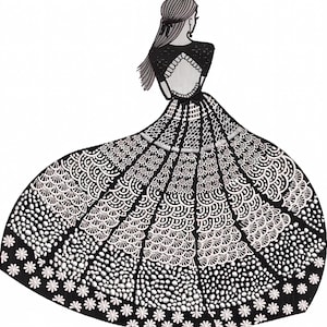May include: Black and white line drawing of a woman wearing a long, flowing gown with intricate patterns. The gown is adorned with a variety of shapes and designs, creating a visually appealing and intricate look.