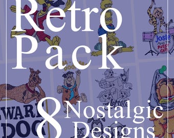 Puede incluir: Una colección de ocho diseños nostálgicos de dibujos animados, incluyendo personajes de Scooby-Doo, Los Simpson y Garfield, sobre un fondo lavanda. El texto "Retro Pack" y "8 Nostalgic Designs" se muestra en blanco.