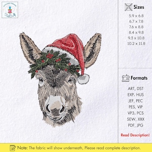 May include: An embroidered design of a donkey wearing a Santa hat and a wreath of greenery and berries. The donkey's fur is detailed with shades of brown and tan. The design is available in various sizes, ranging from 15 x 17 cm to 26 x 30 cm.