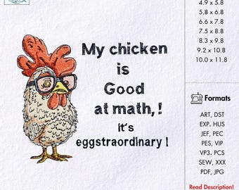 Funny Rooster Embroidery Design My Chicken is Good at Math Humorous Quote Embroidery Pattern Farm Animal Humor Machine Embroidery File PES